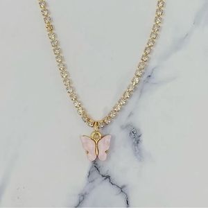 Sparkly Butterfly Tennis Style Anklet (Pink Butterfly Charm)